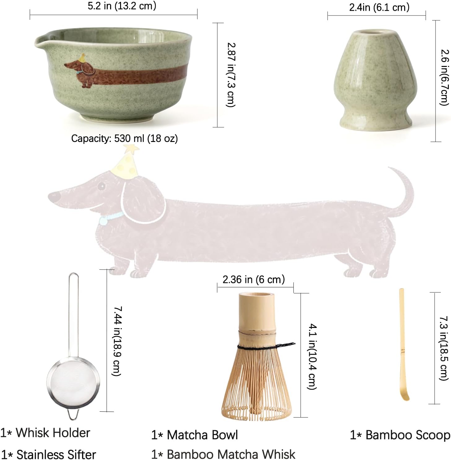 Matcha Set with Dog Pattern, Japanese Matcha Whisk Set Includes Matcha Bowl with Spout, Whisk Holder, Bamboo Whisk and Scoop, Matcha Sifter, 17 oz Ceramic Matcha Kit for Tea Lovers (Mottled Green)