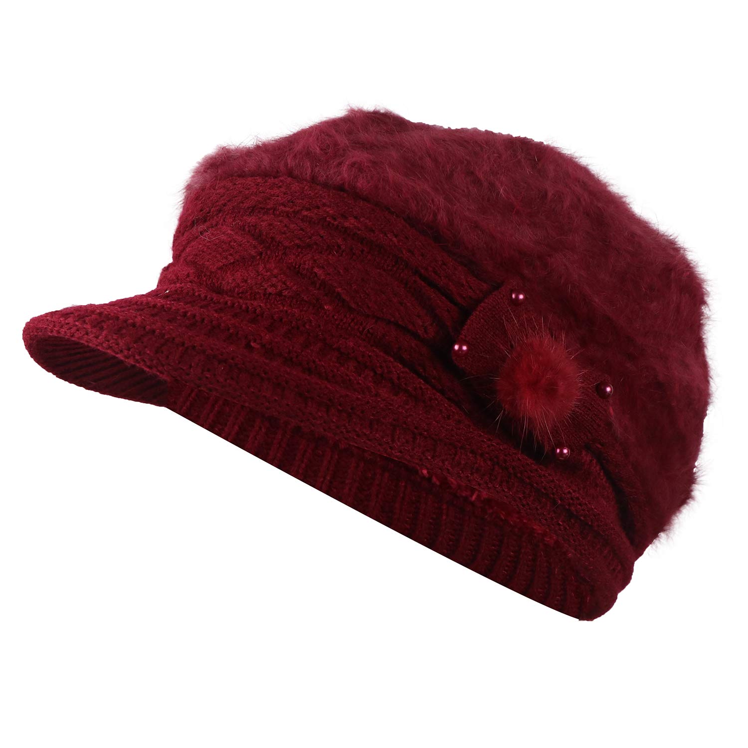 women's wool hats winter beanie with brim warm cable knit cap visor with sequined flower (4090a-maroon; one size)