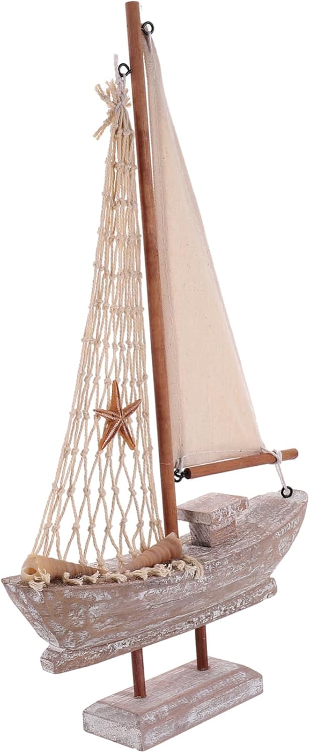 Mediterranean Style Wooden Sailboat Figurine Nautical Decor for Home Small Vintage Sailing Ship Ornament with Natural Wood Craft Elegant Color Matching for Living Room Study Party