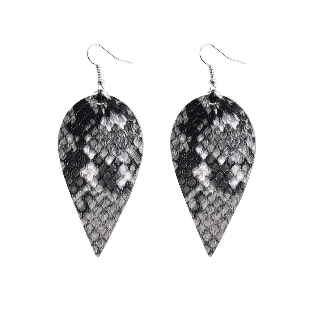 HUJUON Bohemia Retro Water Drop Leaf Snake Skin Leather Earrings,Colorful Pattern Snakeskin Pattern Lightweight Teardrop Leather Earring for Women