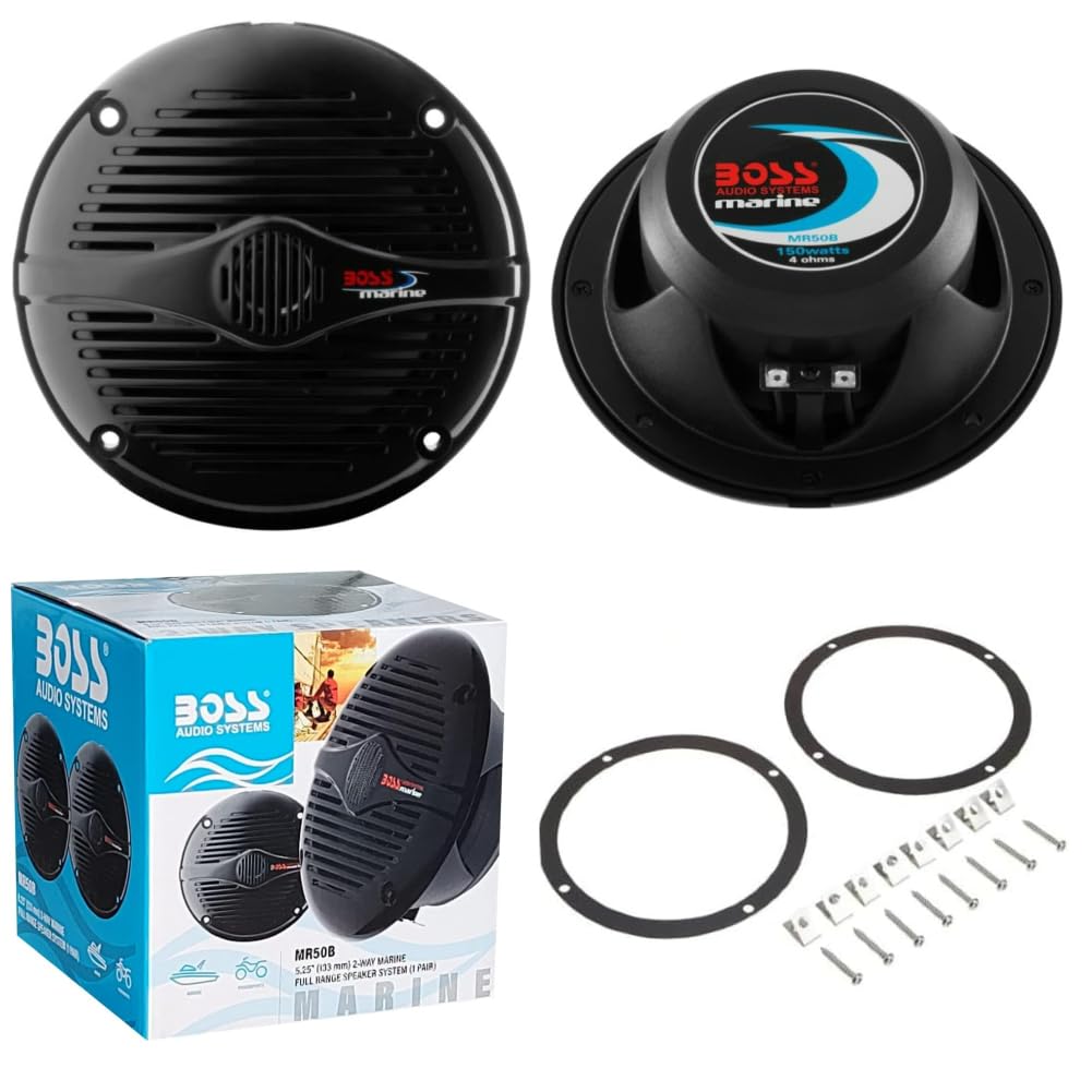 KIT-Set FÜR BOSS Audio Systems MR50B 2 Schwarze 2-Wege-Marinelautsprecher 5,25" 13,5 cm 135 mm, 75 Watt rms 150 Watt max, wasserdicht, Meer, Schwimmbad, Boot, Hotel, pro Paar + kostenloses Zubehör