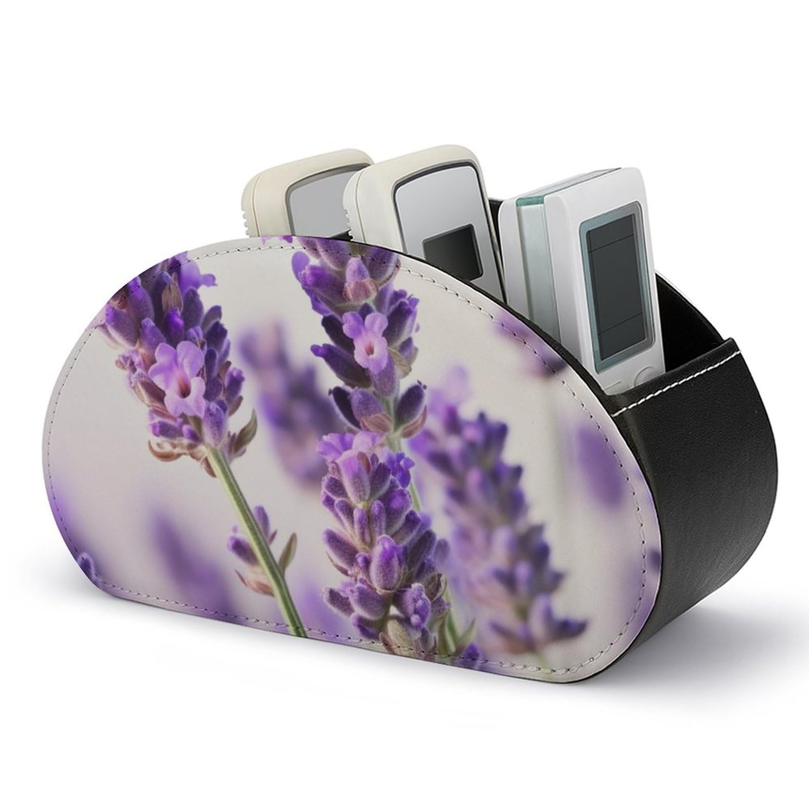 NTVOWPZO Lavender Flower Remote Control Holder with 5 Compartment Organizer Box, Leather TV Remote Holder Organizer Caddy for Table, PU Leather Remote Box for Nightstand Office Desk Storage Box