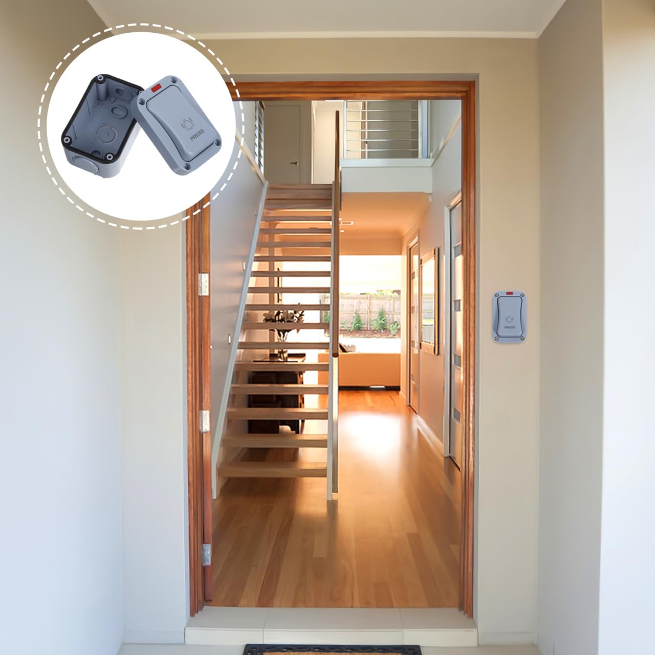 GLEAVI Pulsador de Timbre Impermeable de Exterior: Interruptor de Superficie con Luz Indicadora para Puerta y Garaje (9x6x5.5 cm)
