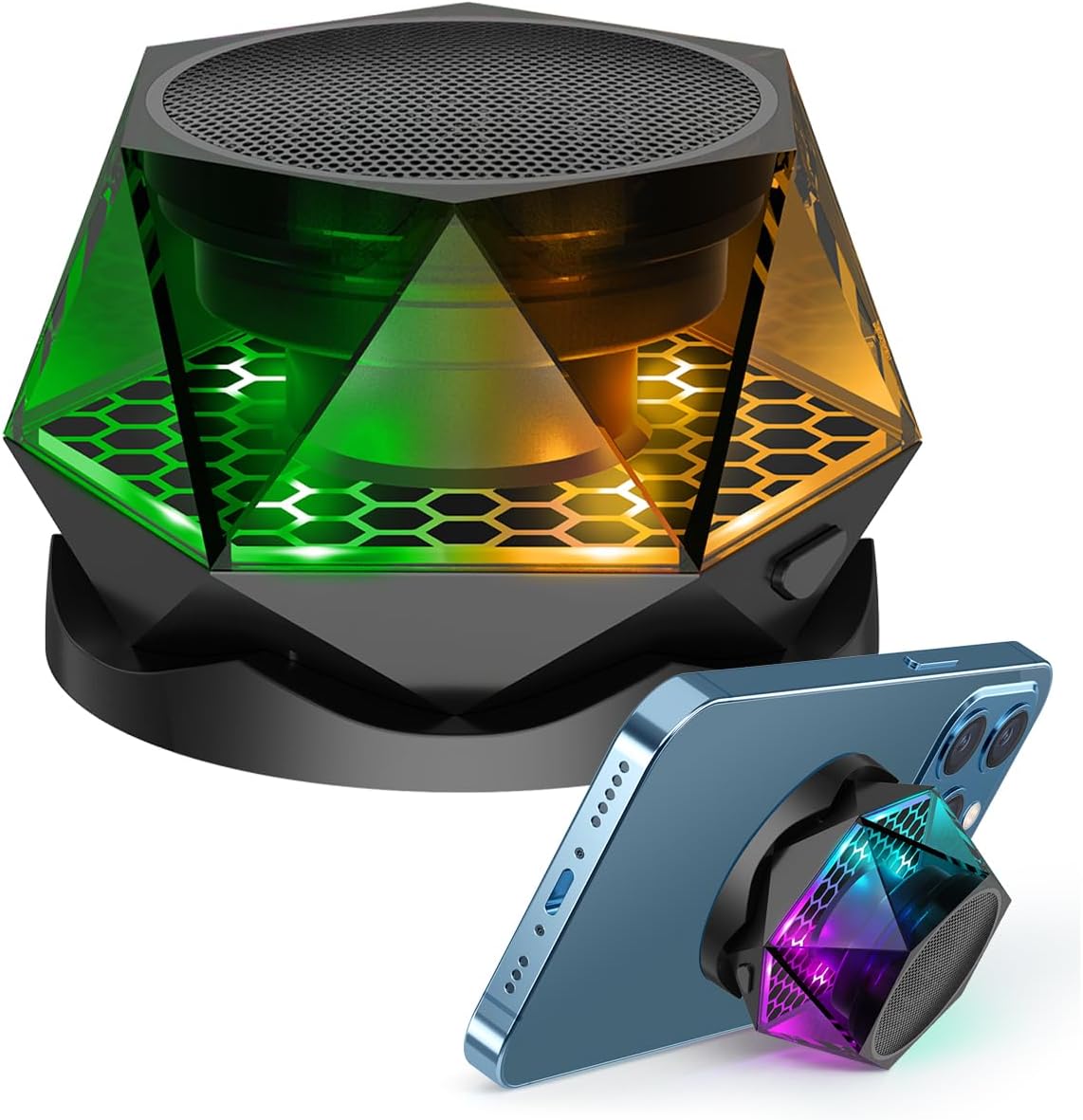 EGKimBa Magnetic Diamond Bluetooth Speaker, Small Wireless Speaker with Multi RGB Color Light Show, Portable Phone Stand - Round