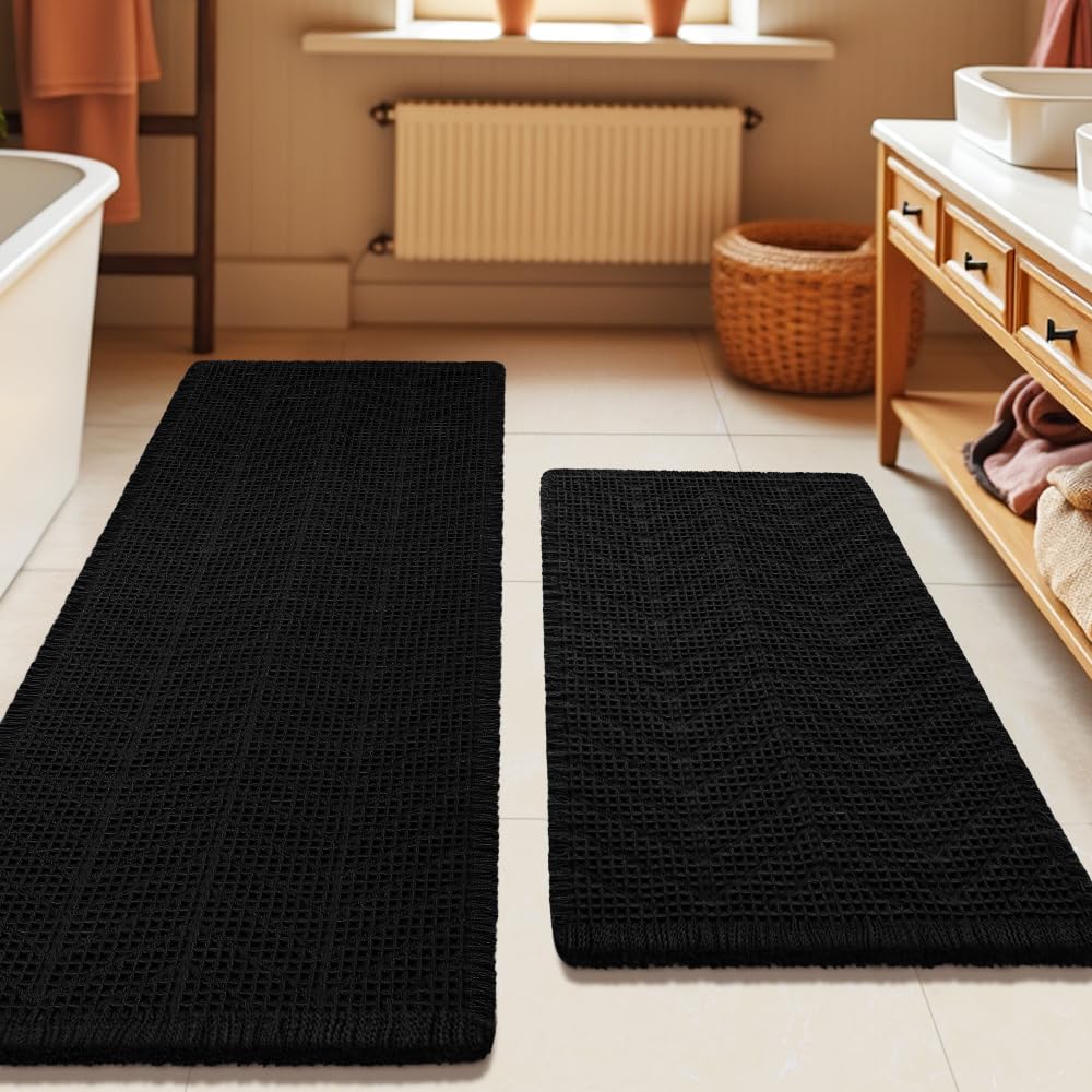 IM HOME Upgrade Waffle Bath Mat Set 2 Piece, Boho Bathroom Rugs Absorbent Non Slip, Ultra Soft Bathroom Mat, Machine Washable Knit Bath Rugs with