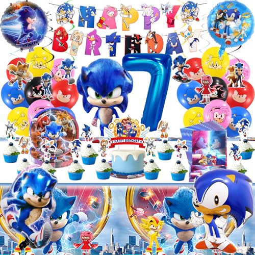SoNi 7 Years Birthday Decorations Boys Girls- Kids 7th Party Decorations Tableware Set Reusable Birthday Ballons Happy Birthday Banner Paper Plates Napkins Tablecloth Cake Topper for Party Supplies