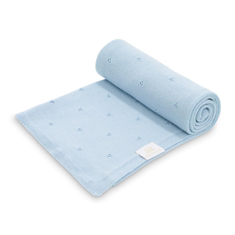 MayLily Babydecke merinowolle 80x100 cm – 100% Merino Wolle – Hergestellt in EU – Handgefertigt – Hypoallergen – Temperaturregulierend für Sommer und Winter – Leicht und transportfreundlich – Blau