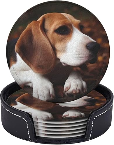 Miniatura 1 de LZQPOEAS Juego de 6 posavasos redondos de Beagle con soporte para bebidas, protector de mesa, almohadilla para el hogar y la cocina, juego de