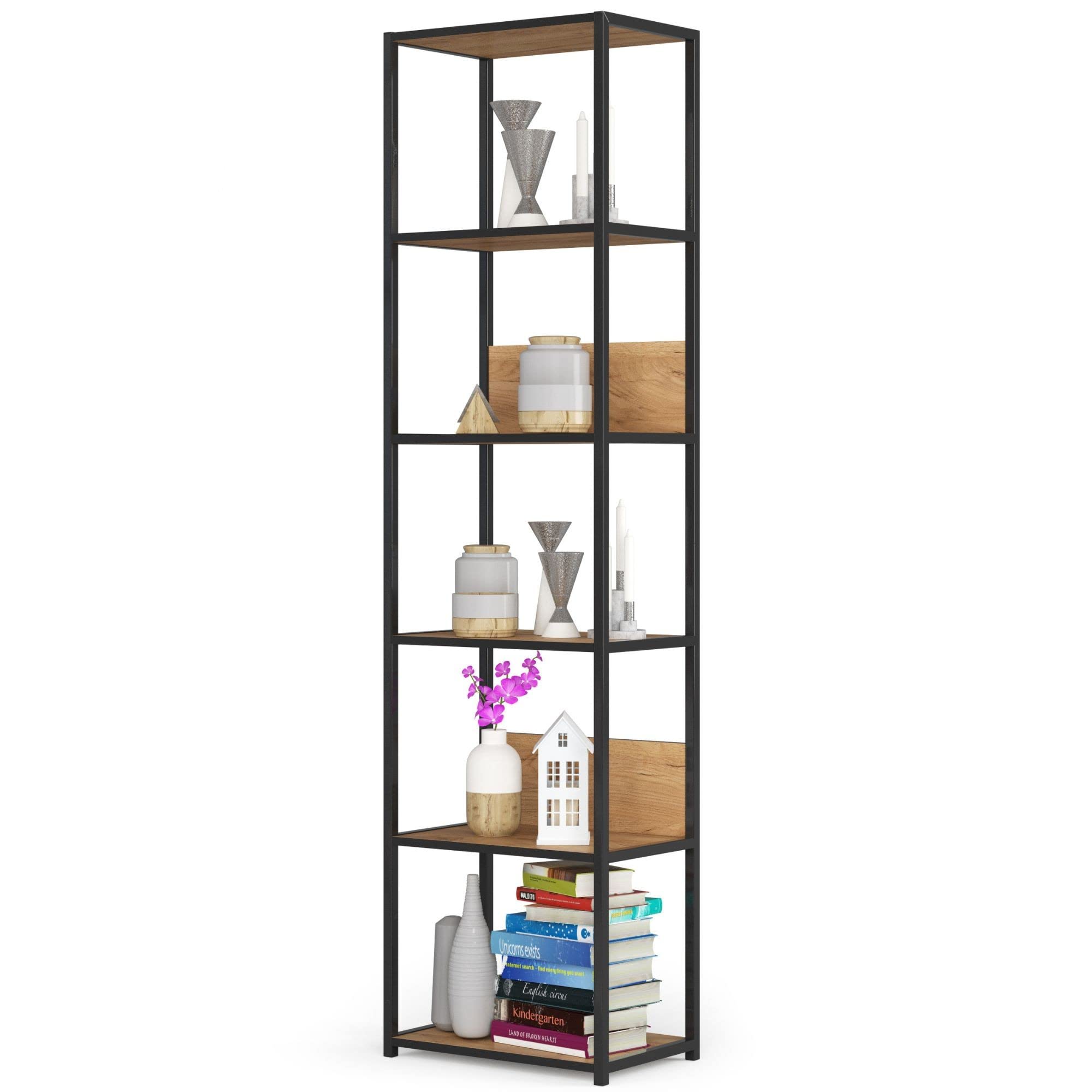 AKORD Libreria Industrial Style a 6 Ripiani 50 cm | Libreria Ferro e Legno | Aperto | Struttura a Scaletta | Scaffali autoportanti per Ufficio, Cucina, Bagni, Soggiorni | Biblioteca Nero/Rovere Craft