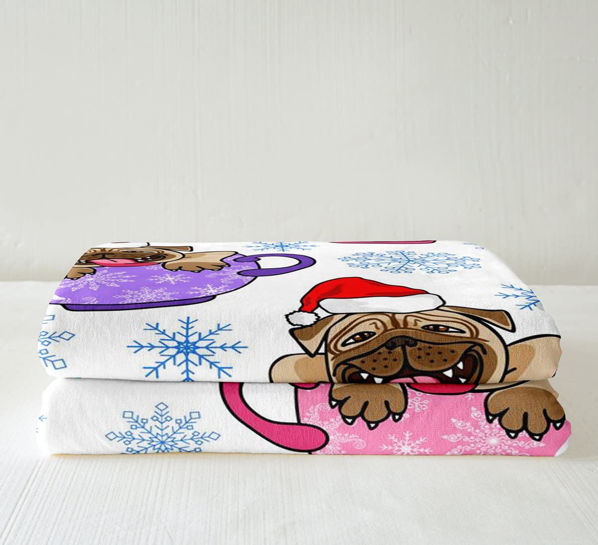 Manta de felpa para niños y mascotas, con diseño de copos de nieve, diseño de copos de nieve, diseño de pug, cachorro, sherpa, manta de animales kawaii, manta mullida para sofá cama, colorido tamaño