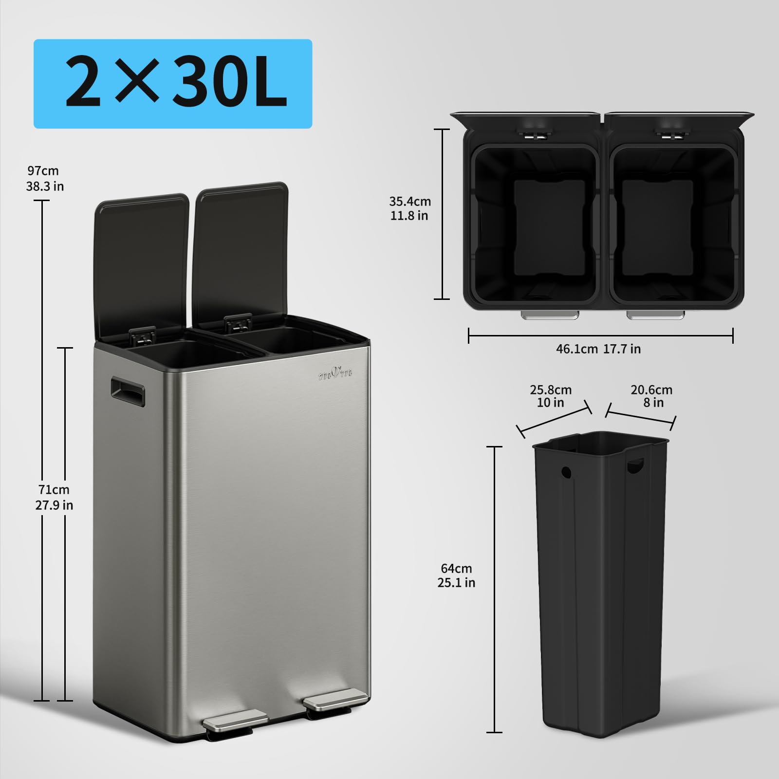mVm Cubo de Basura Cocina, 2 Compartimentos 2 x 30L Papelera de Cocina de Acero Inoxidable con Pedales, Papelera Moderna y Robusta, Cierre Suave, para Cocina, Salón, Gris
