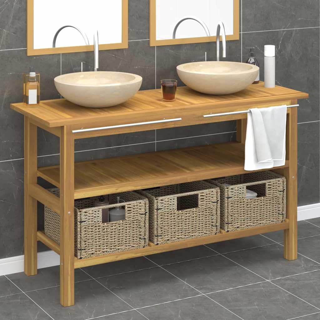 Lavabo con lavabo in marmo crema, in legno massello di teak, con 2 lavandini, 3 cestini, corrimano, ripiano e gambe di supporto, per bagno e WC degli ospiti