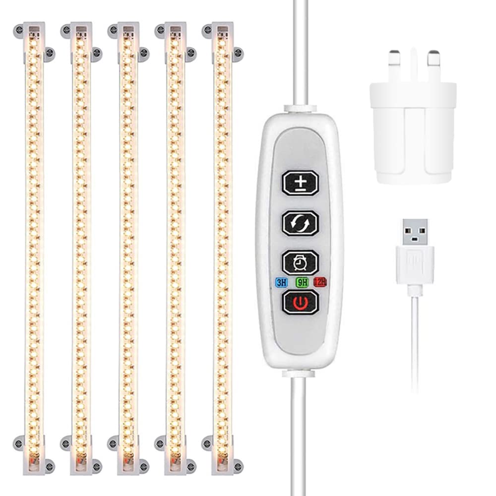 SEIWEI Plant Grow Light Strips, 380nm-800nm Natural Warm Light, 3/9/12H Timer, 4 Switch Mode and 9-Level Dimming Mode, Use for Indoor Growth, 5 Tubes-UK Plug