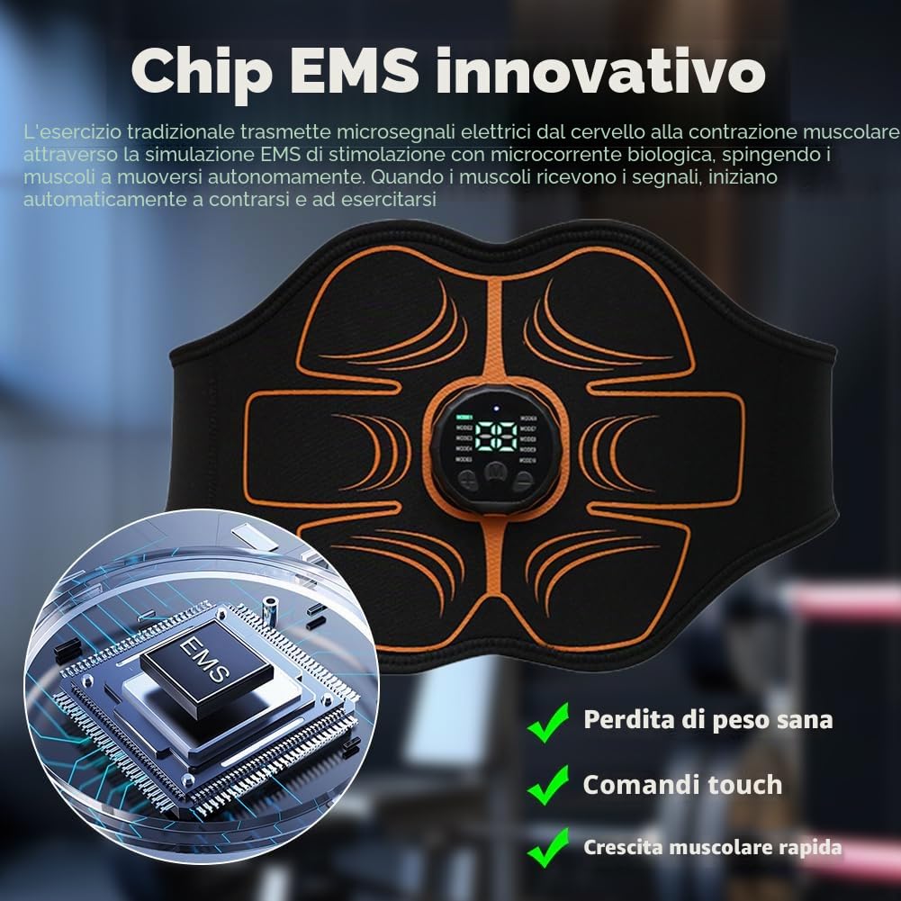 EMS - Attrezzo elettrico per addominali EMS per la stimolazione muscolare domestica, 10 modalità e 30 intensità, ricarica USB, cintura addominale per uomini e donne