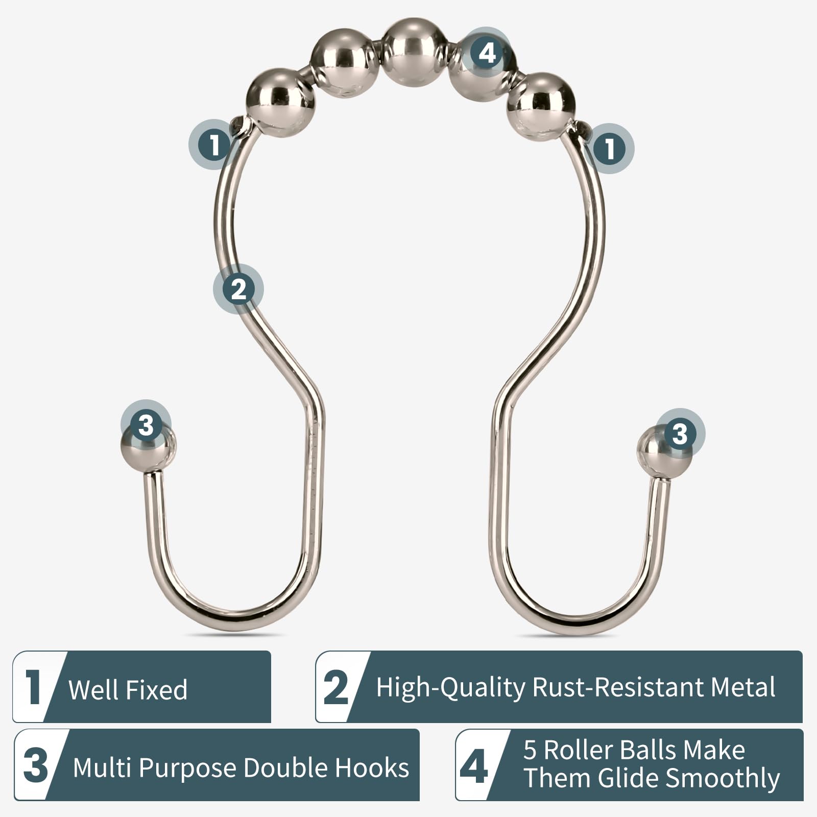 OEH – Lot de 12 crochets de rideau de douche en métal antirouille, crochets de rideau de douche en métal antirouille, crochets doubles pour rideau de douche, nickel