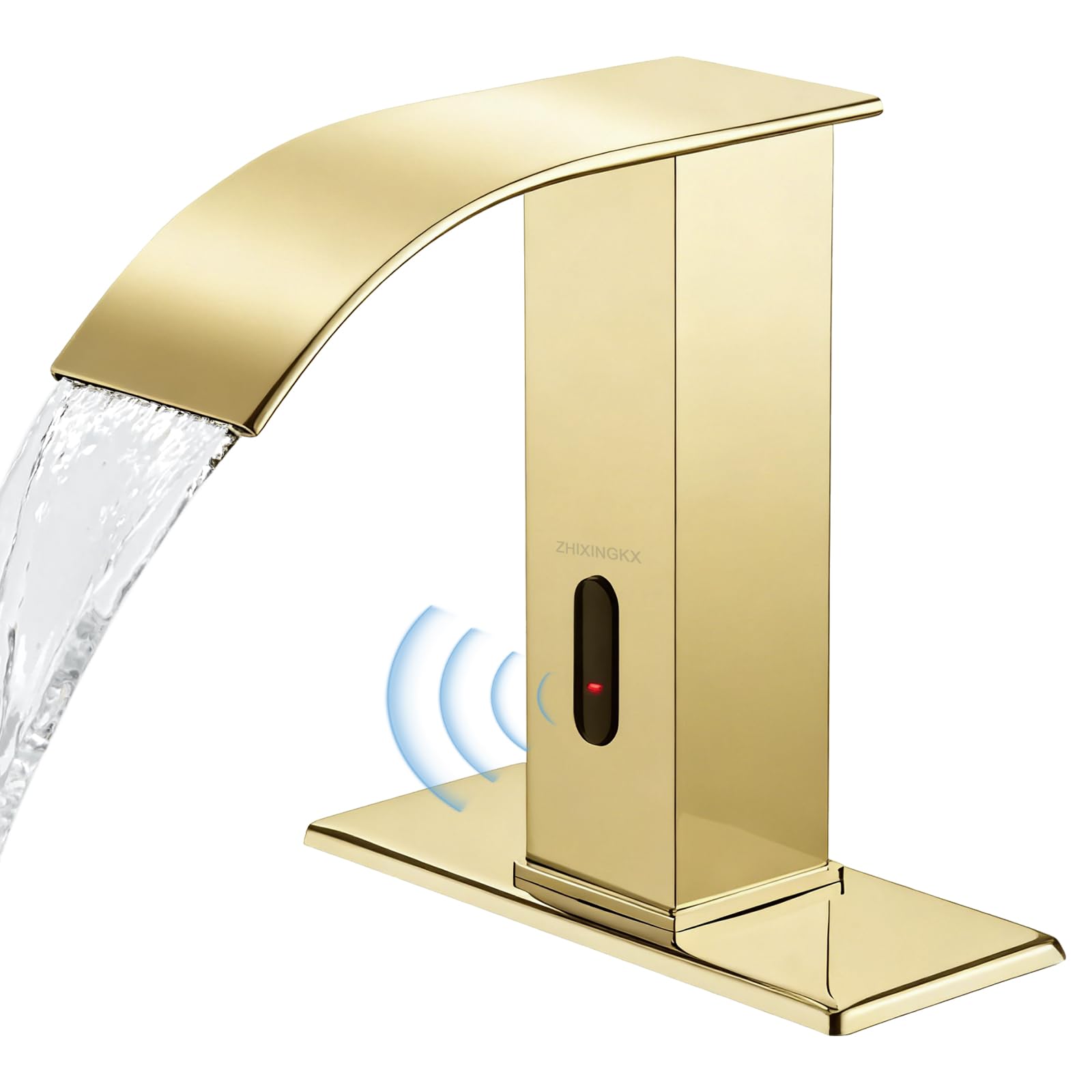 Touchless Bathroom Faucet with Waterfall Spout,Motion Automatic Sensor Bathroom Sink Faucet with Hole Cover Plate, Stainless Steel Hands Free Vanity Faucet(Regular, Gold)