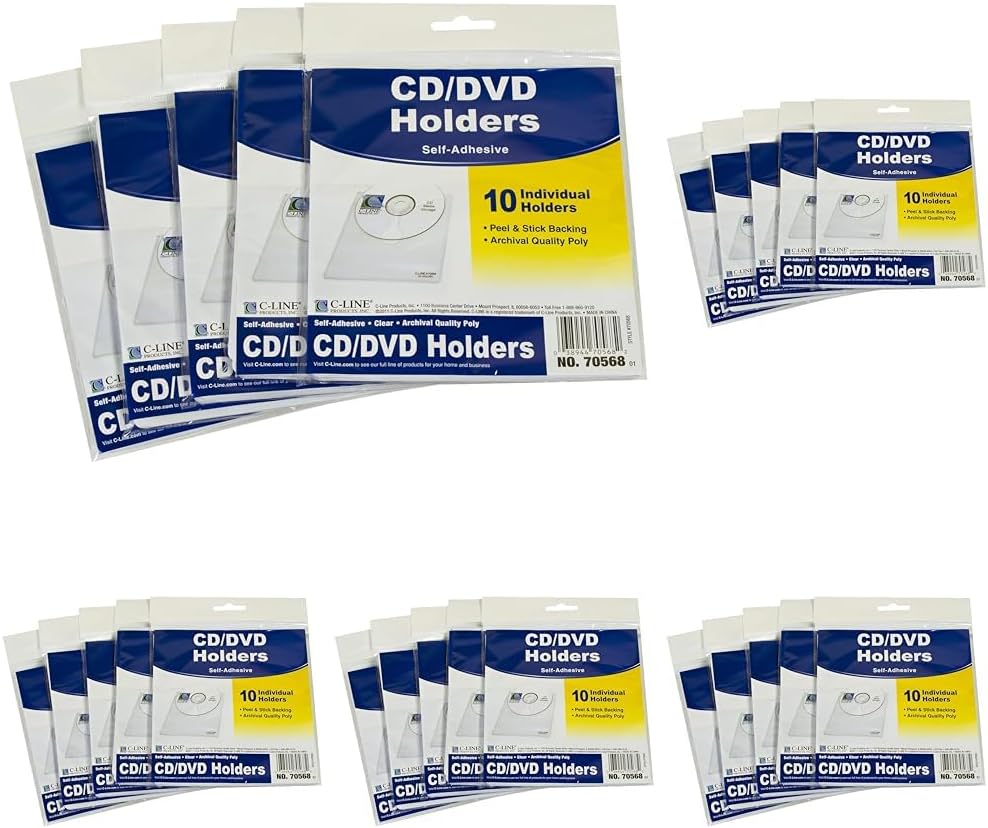C-Line Self-Adhesive CD Holder, 5.33 X 5.66 Inches, Clear, 5 Packs of 10 Sheets, 50 Total (70568-5)