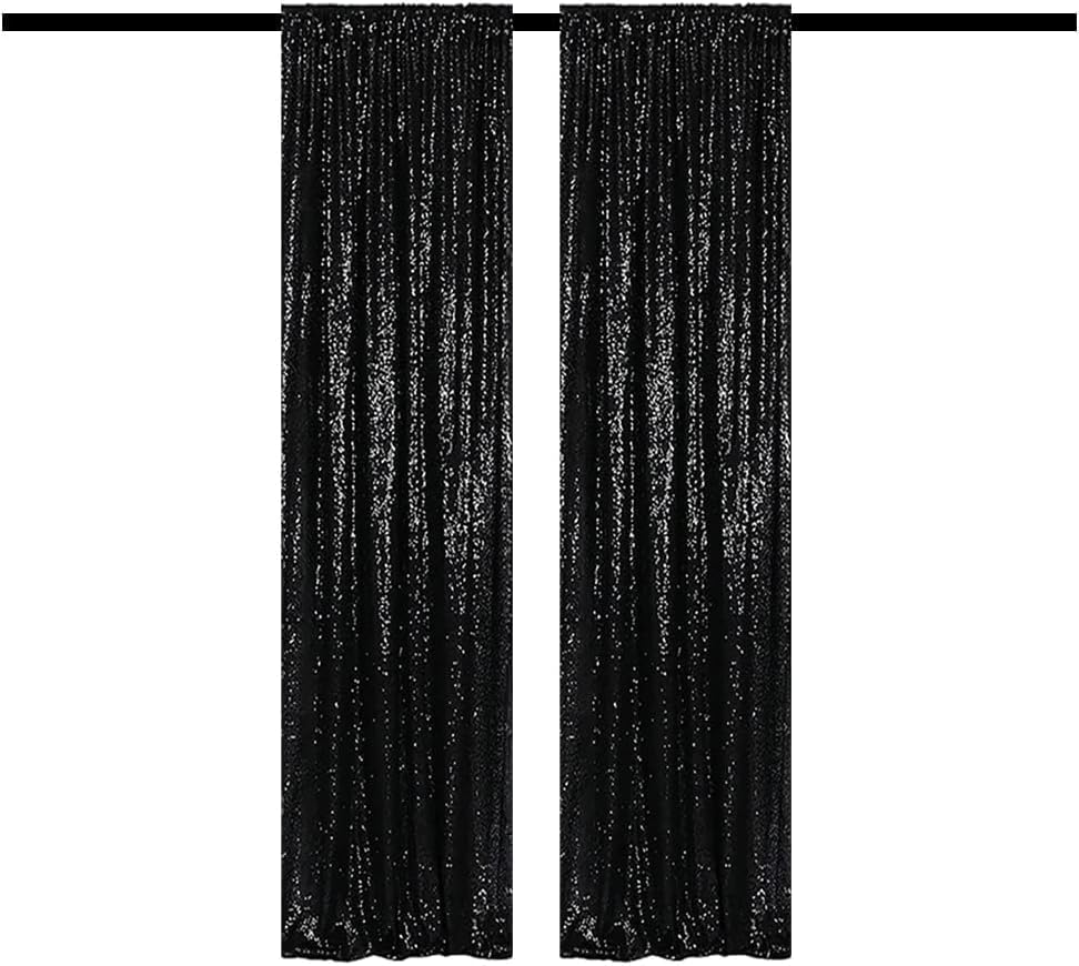 Cortinas de Fondo de Lentejuelas Negras 2FTx8FT 2 Paneles miniatura 2