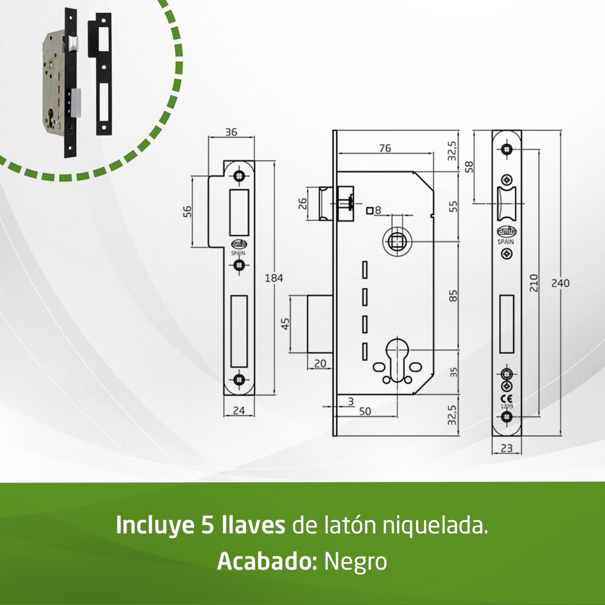 Amig - Cerradura de Embutir con Cilindro de Seguridad y Bocallave + 5 Llaves - Para Puertas de Madera de Entrada - De Acero Acabado en Negro - Picaporte Reversible - Para Manilla de 8 mm