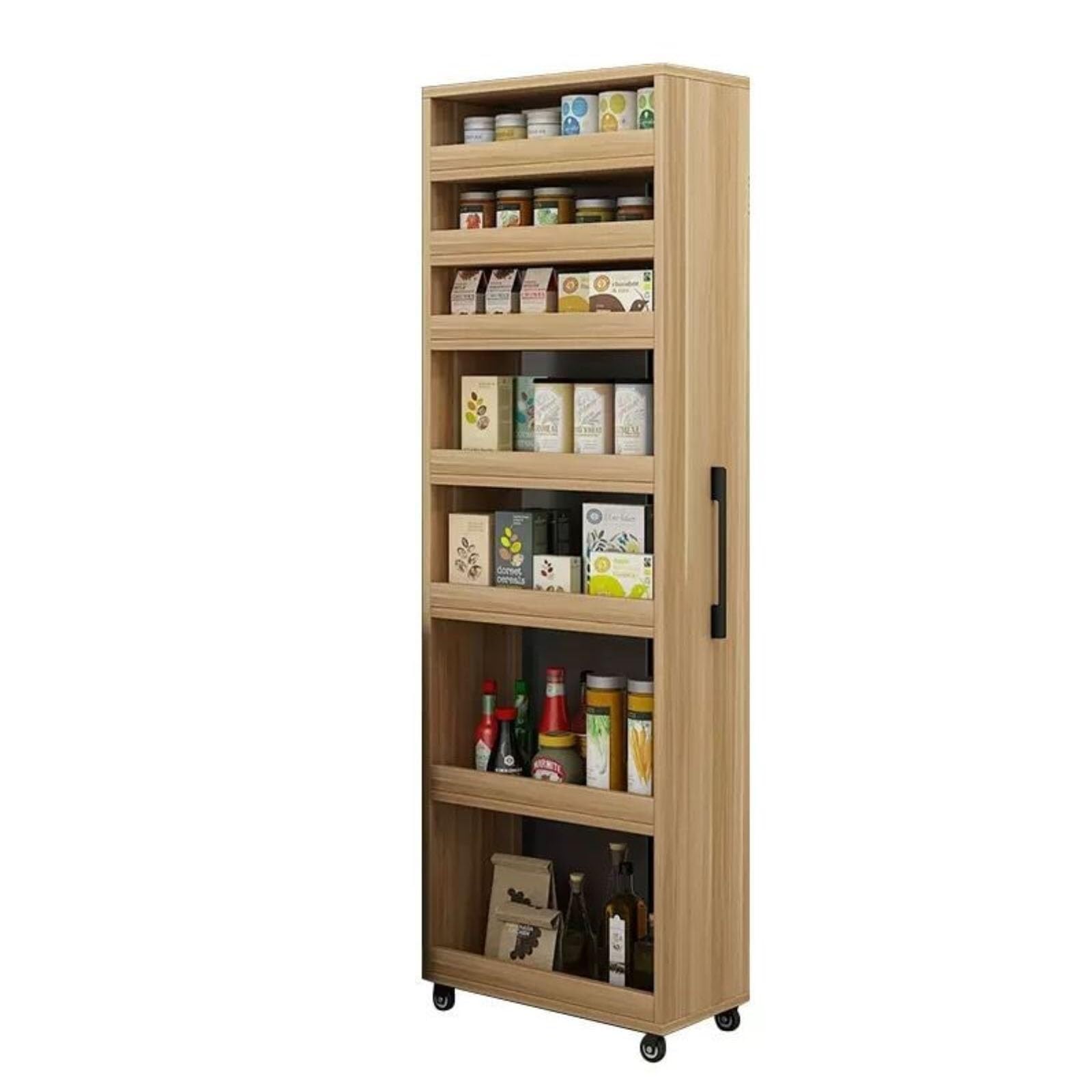 Großer schmaler Rollwagen für die Küche, schmaler Allzweckschrank mit Rollen und Griff, ausziehbar für kleine Räume, helles Walnussholz-Finish