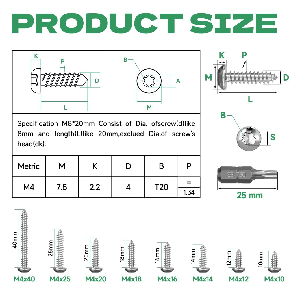 Viti a Testa Bombata in Acciaio Inox M4 x 14 mm, Torx, A2 V2A, per Legno Piatte, Filettatura Completa, Autofilettanti, Testa Tonda Con Punta