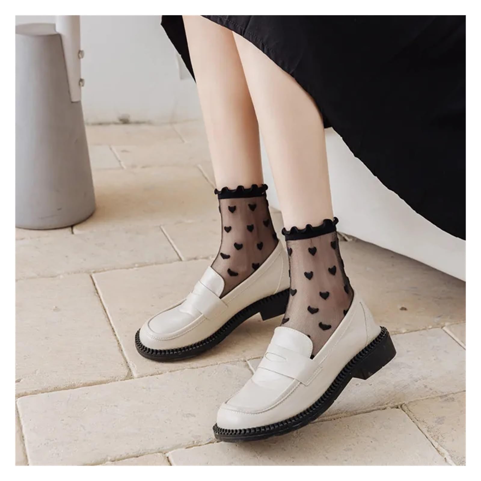 Medias Cortas Mujer 3 pares de calcetines finos verano for mujer y niña, encaje, con volantes estampado corazón, malla transparente