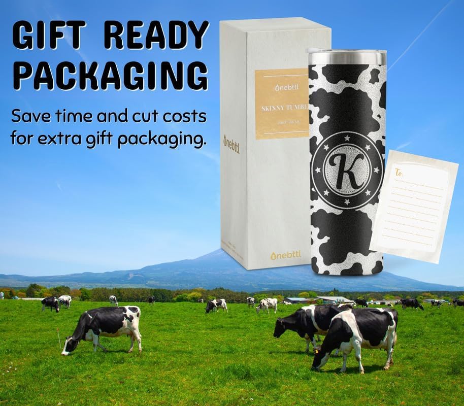 Onebttl Personalized Cow Print Gifts, Cow Gifts for Women on Birthday, Christmas - Cow Print Tumbler, Cup - Glitter Black and White 20 oz Stainless Steel Tumbler with Initial - Letter S - Image 8