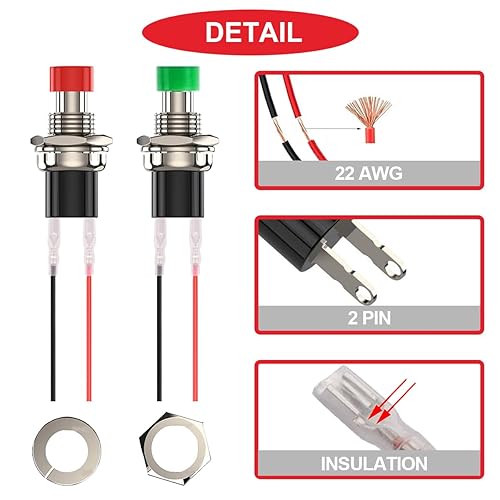 Miniatura 3 de 15 interruptores de botón redondos de 0.276 in rojoverde, 1A, 250 V CA, 2 pines SPST ON OFF momentáneo, interruptor de botón con cables de terminal