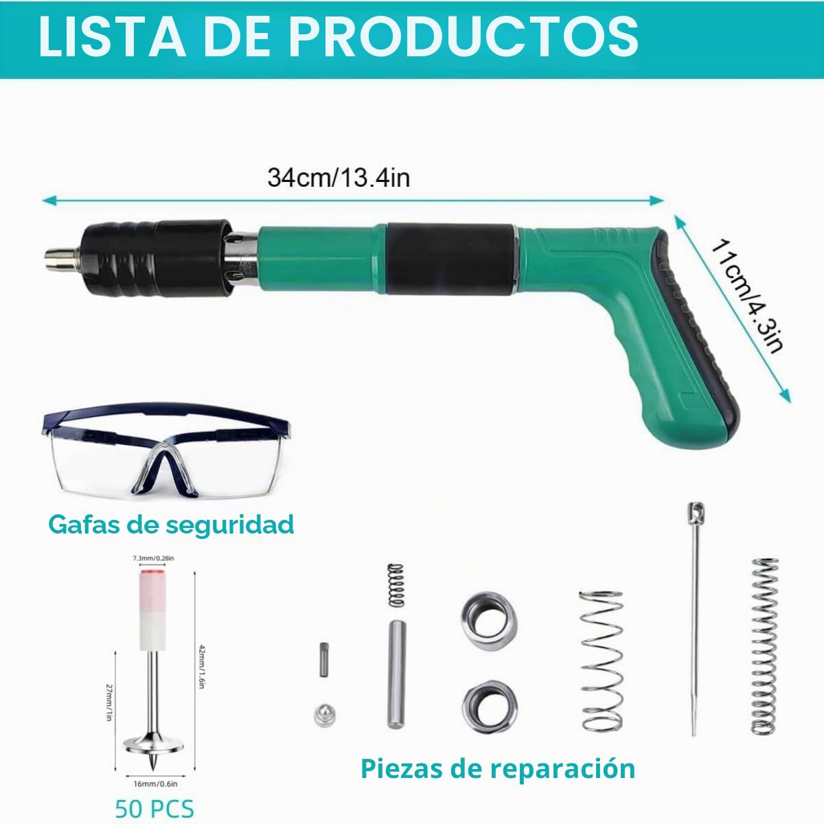 Pistola de Clavos para Hormigon Neumatica, Clavadora Hormigon, Nail Gun, Pistola de Impacto Clavos con 50 Clavos Redondos - para Acero y Concreto - Fácil de Usar
