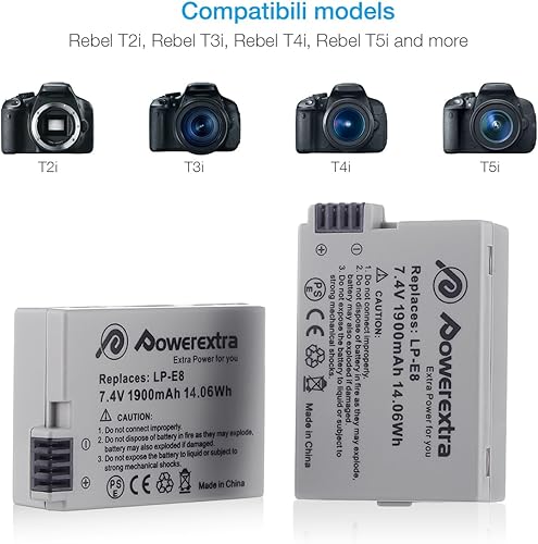 Miniatura 2 de Powerextra LP-E8 - Batería y cargador, paquete de 2 baterías de 1900 mAh LP E 8 para Canon EOS Rebel T3i T2i T4i T5i 600D 550D 650D 700D Kiss X5 X4