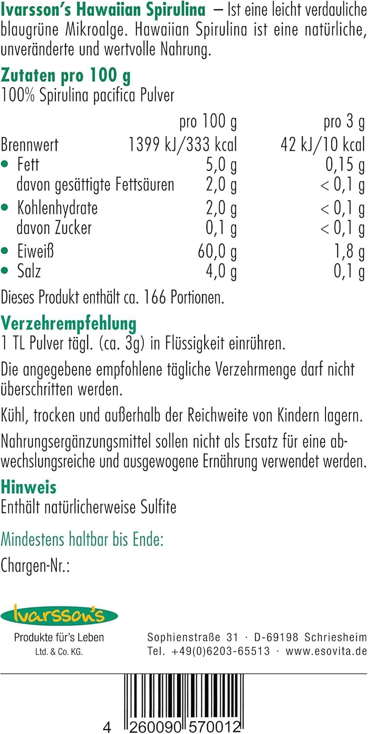 Original Hawaiian Spirulina I 500g Pulver I Ivarssons natürliches Spirulina getrocknet I Algen Pulver mit reinem Spirulina I Nachfüllpackung