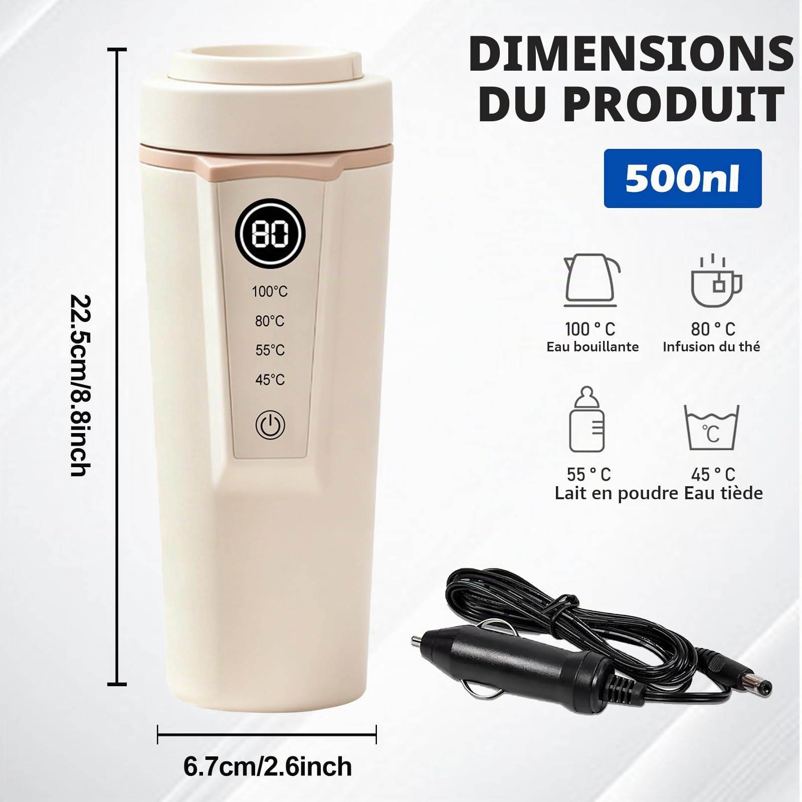 Bouilloire pour voiture, 500 ml, bouilloire de voyage portable 12 V 24 V, avec réglage de la température, pour thé, café, voyage, camping, arrêt automatique, anti-fuite, beige