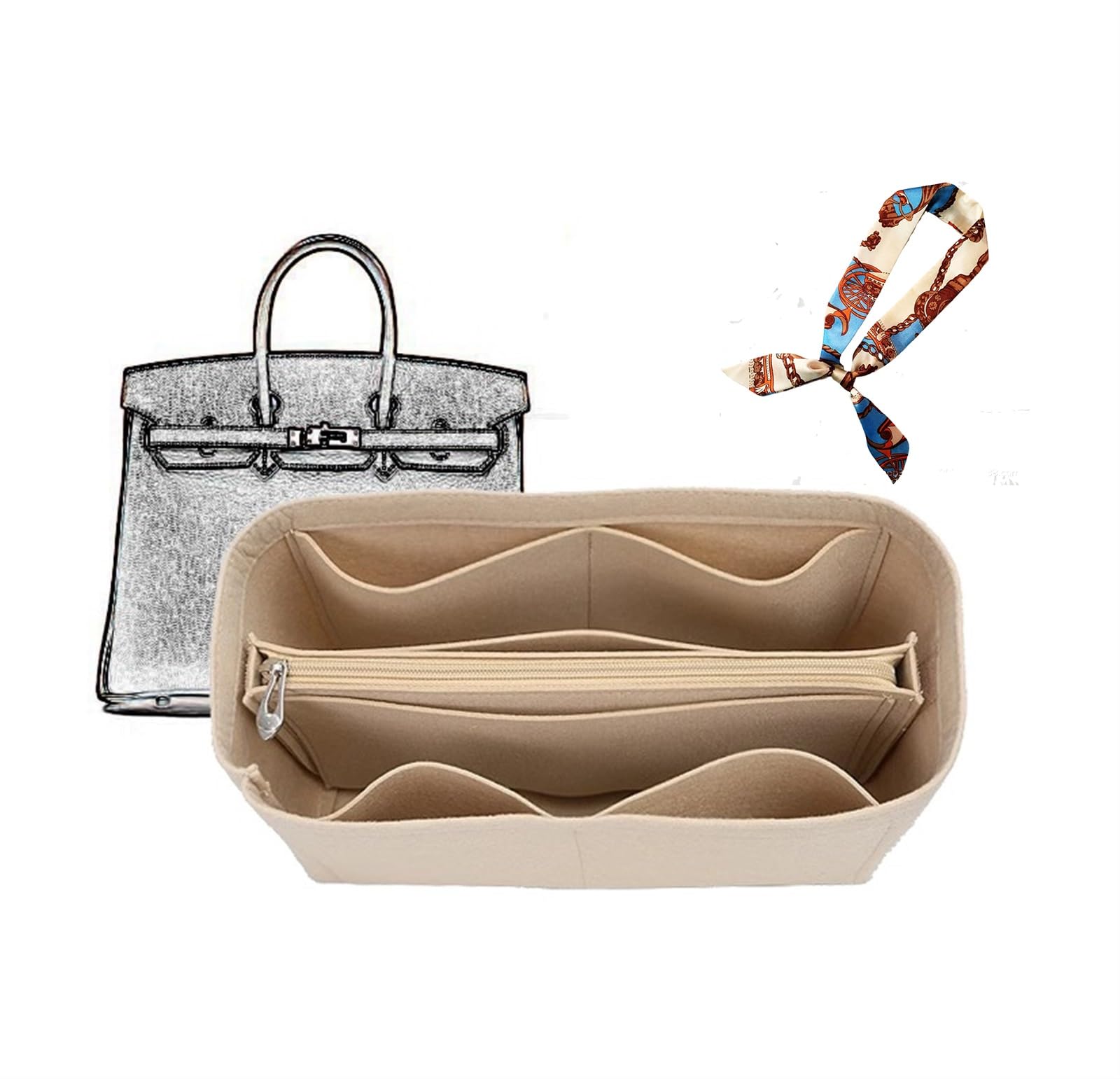 Borsa organizer foderata borsa portaoggetti inserto portaoggetti borsa cosmetica portatile for Hermes Birkin 25/30/35(Beige B,Birkin25)