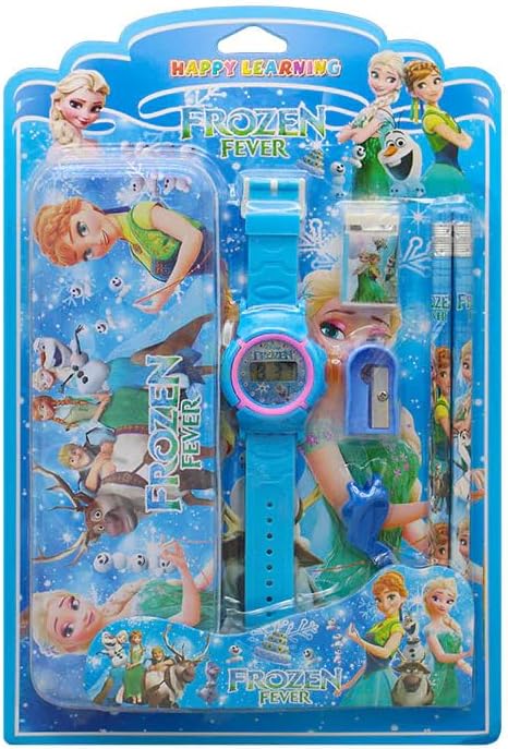 Stationery Supplies Bundle with Digital Watch, Sharpener, Eraser, 2 Pencils,Pencil Top and Compass Box | 7 in 1 Stationery Gift Set for Children (Pack of 1) (FROZEN)