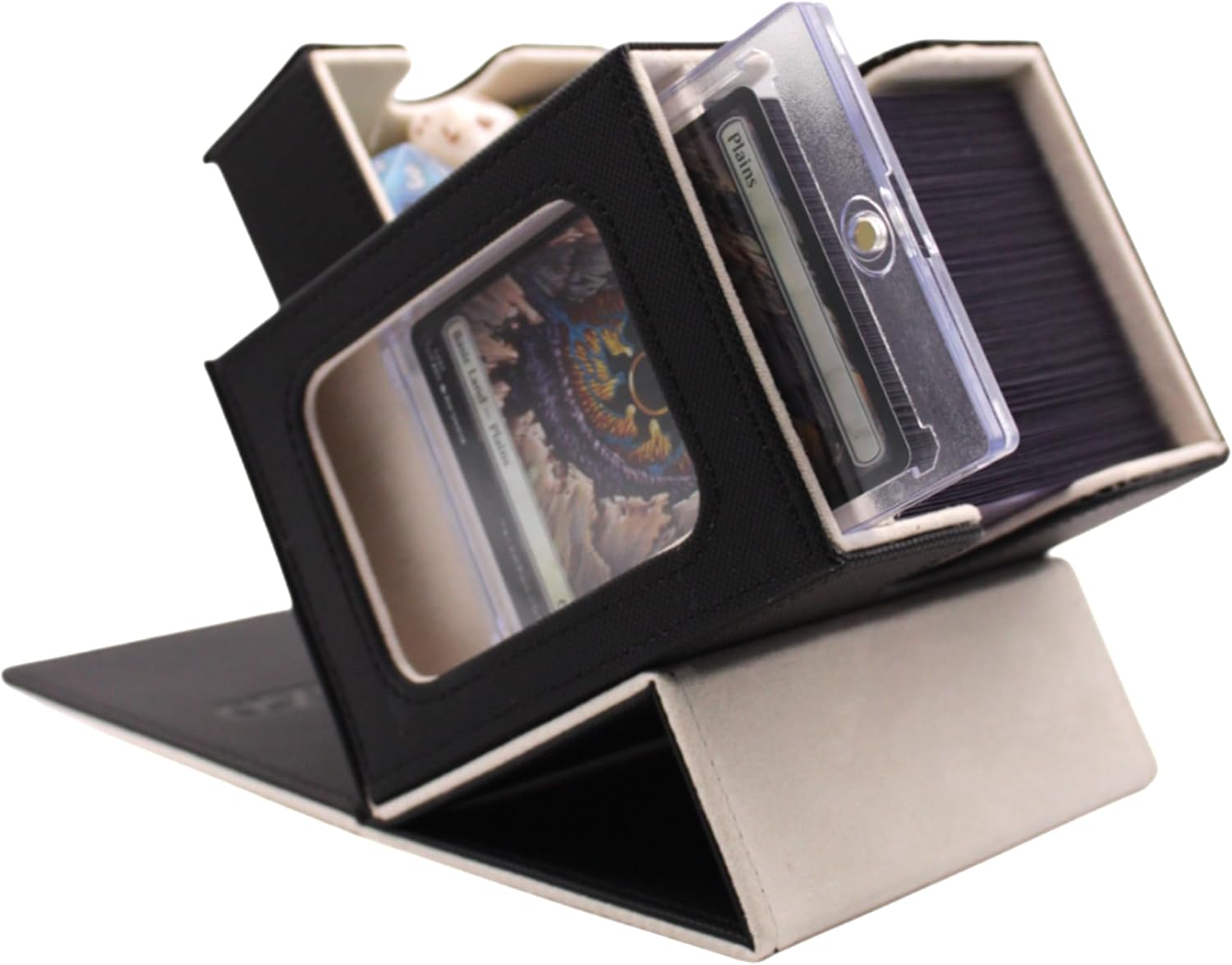 Card Deck Box for MTG Commander, PTCG, Includes Display Window, 35 pt Magnetic Holder, Dice Tray, 2 Dividers, Holds 100 Double Sleeved Cards (White)