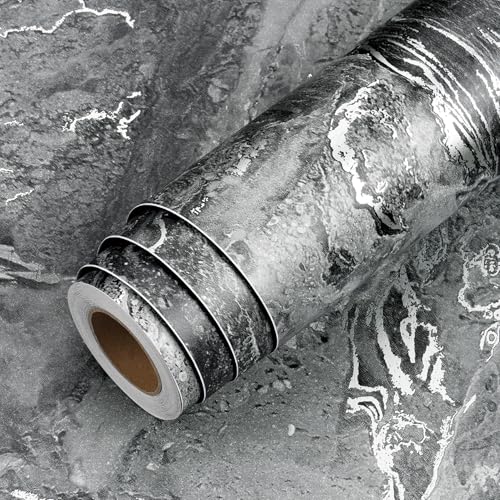 LaCheery Papel Adhesivo para Muebles Marmol Papel Pintado Negro para Baño 60cm x 400cm Vinilo Adhesivo Muebles Mate Gris Vinilos para Encimeras de Cocina Impermeable Decorativo para Buhardilla Puerta