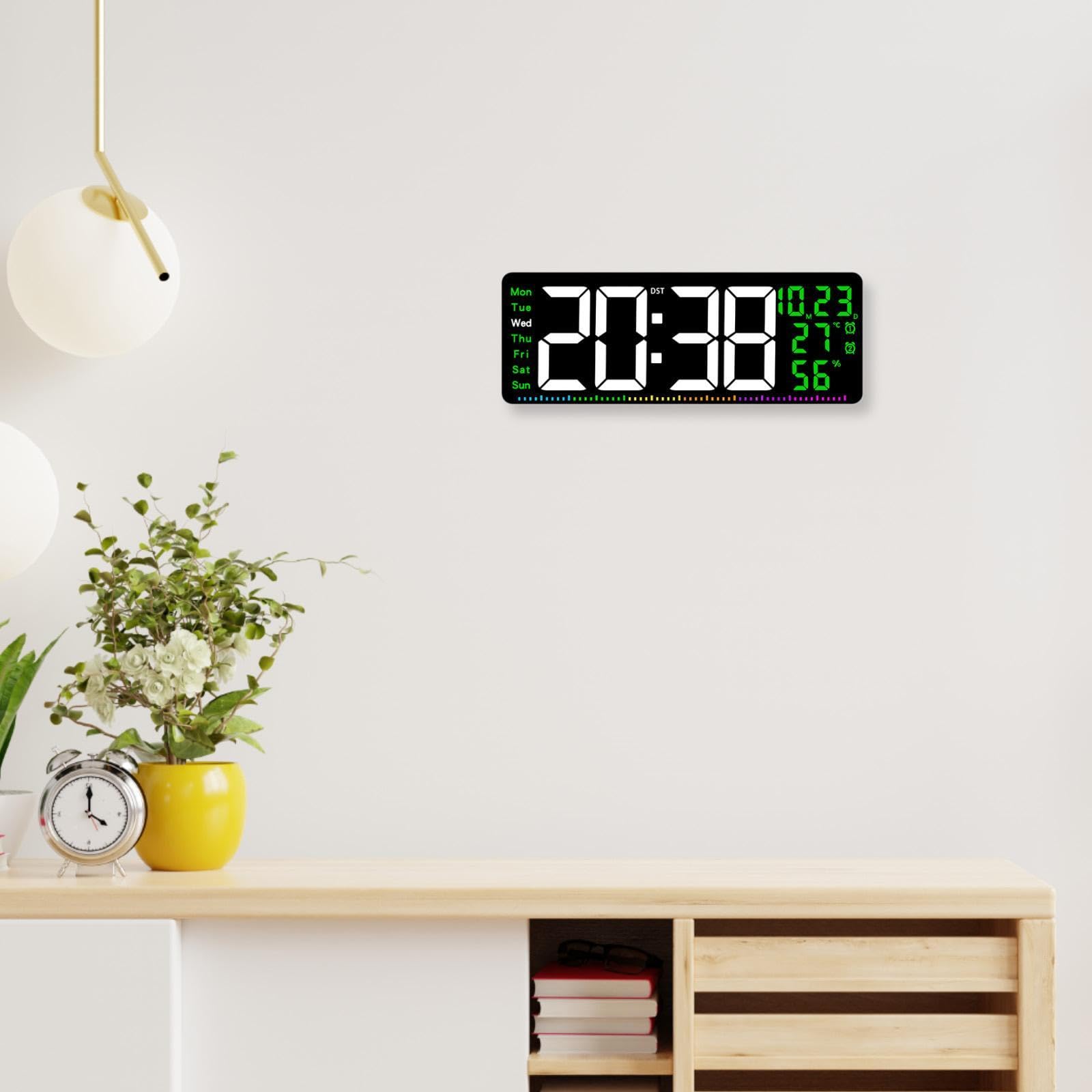 Orologio Digitale da Parete con Funzione Sveglia LED Termometro Integrato Calendario con Visualizzazione Giorni Materiale PP Resistente Elegante, Verde