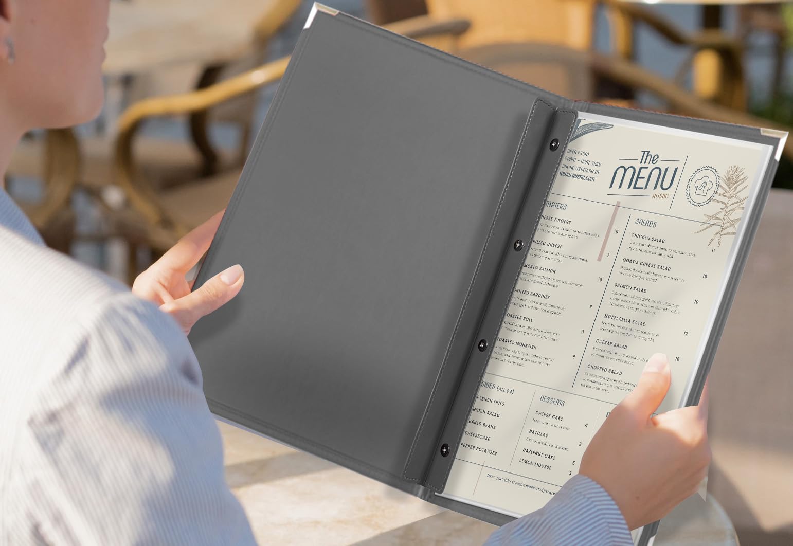 Funda para menú, A4, personalizada, 10 unidades, negro, gris, azul, marrón, verde, rojo, 2 páginas, portamenús de mesa de piel sintética con el nombre de su establecimiento (gris)