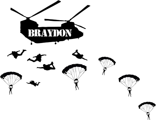 Decoración de pared para habitación, chinook y paracaídas del ejército con nombre personalizado, calcomanías de vinilo para dormitorio de niños,