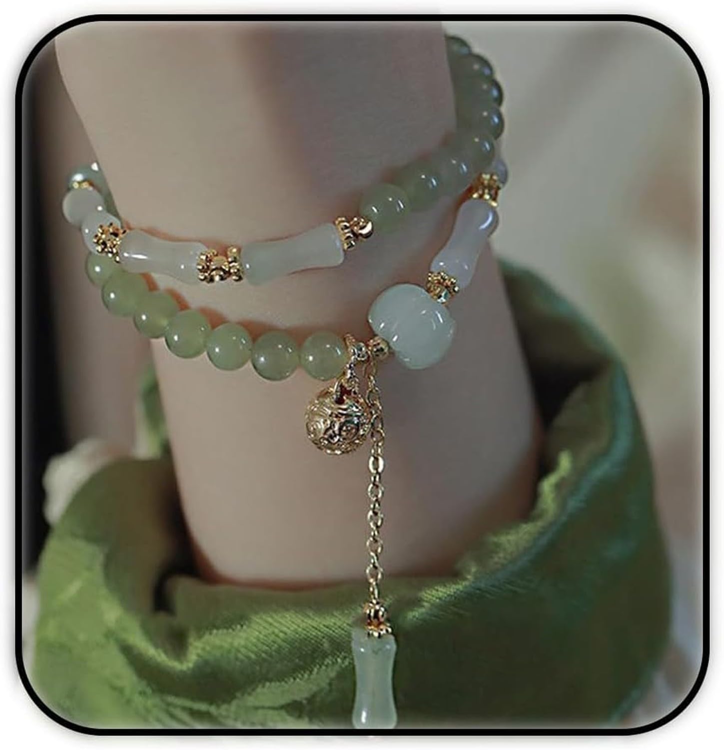 GYFGRTQ Bamboo Wooden Beads Anklet Bracelet Lucky Jade on Adjustable Cord Thread for Women Chinese Style Hand Decor Jewelry, Green C