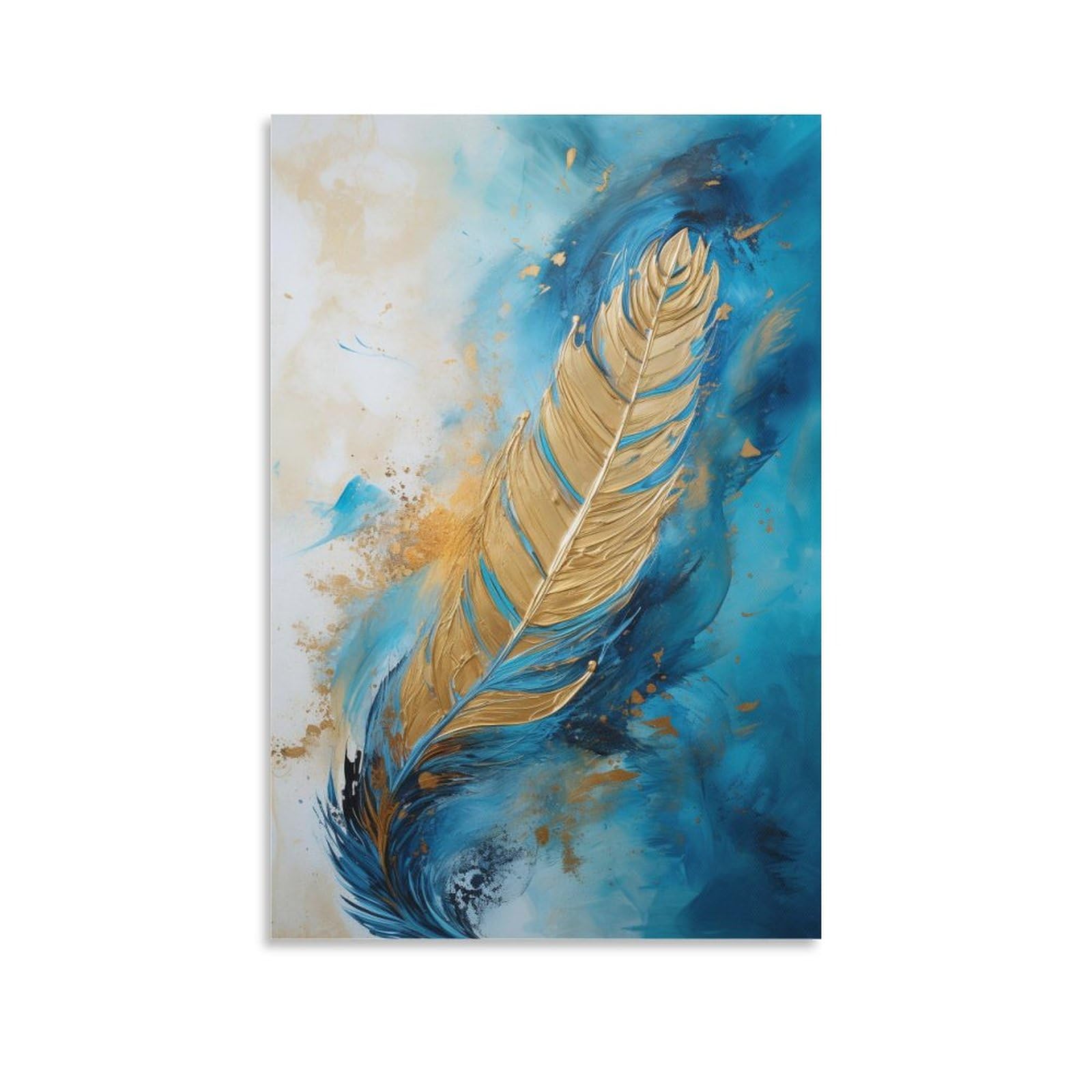 Foccar Unframe-Golden Feather Canvas Wall Art Golden Feather Wall Decorations For Living Room Watercolor Abstract Feather Hang Pictures Wall Artwork