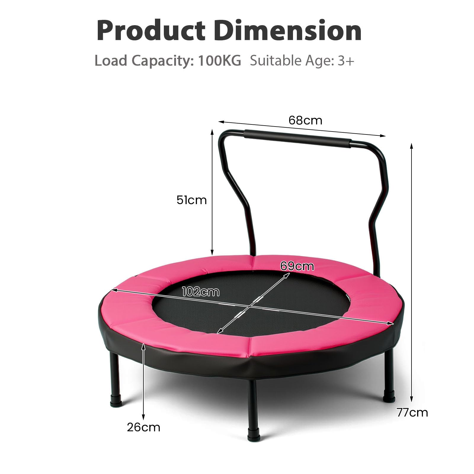 LIFEZEAL Trampolino Elastico Interno, Esterno per Bambini, Tappeto Elastico Fitness, Saltarello, Salta, Pieghevole, Ø102x77cm, con Maniglia Rimovibile, Bordo Protettivo, in Metallo, Max 100kg