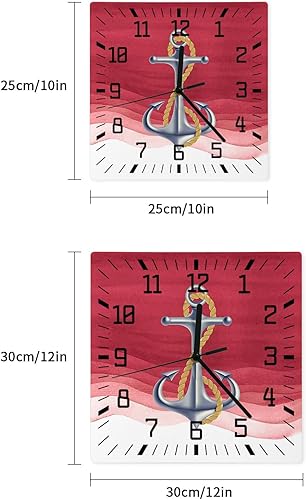 Miniatura 7 de Anchor Red Wooden Wall Clock Silent Non Ticking, Nautical Coastal Ombre Ripple Ocean Theme Square Wall Clock Battery Operated, Decor Clock for Home