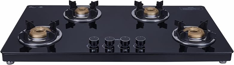 Elica Slimmest 4 Burner Auto Ignition Gas Stove | 904 CT VETRO 2J (TKN CROWN DT AI) | Toughened Glass Top | Forged Brass Burners | Double Drip Trays | Euro-Coated Crown Pan Support | Black