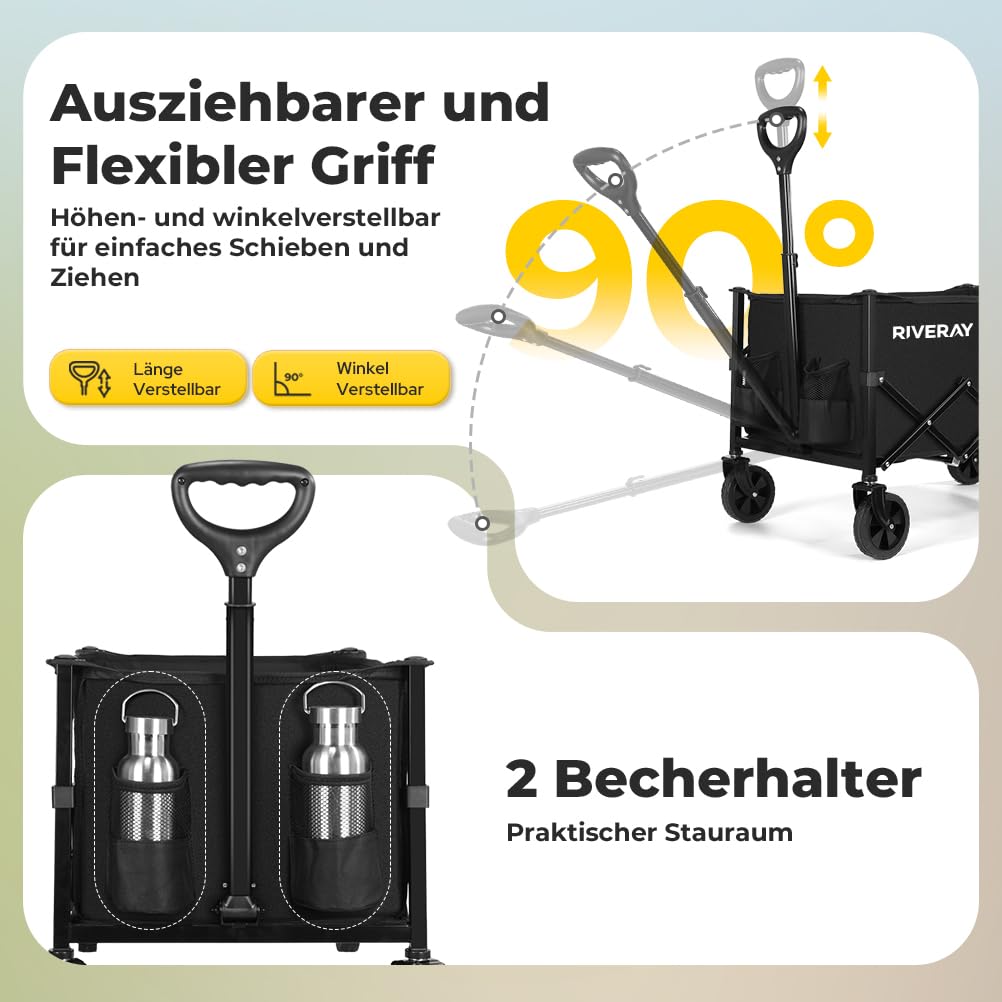 Bollerwagen Faltbar 120L 120KG, Klappbarer Bollerwagen mit Abnehmbarer Stofftasche Verstellbarem Griff, Faltbarer Handwagen All Terrain Rädern für Camping, Garten, Outdoor, Einkauf