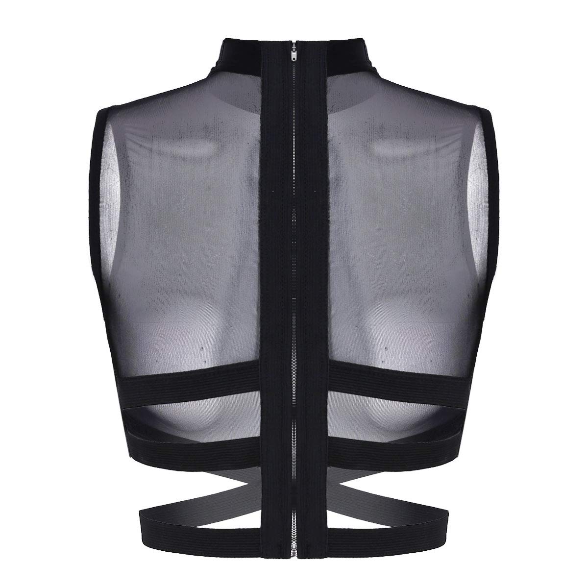 Turtle Neck Sheer Mesh Crop Top See Through Crisscross Vest Blouse Clubwear