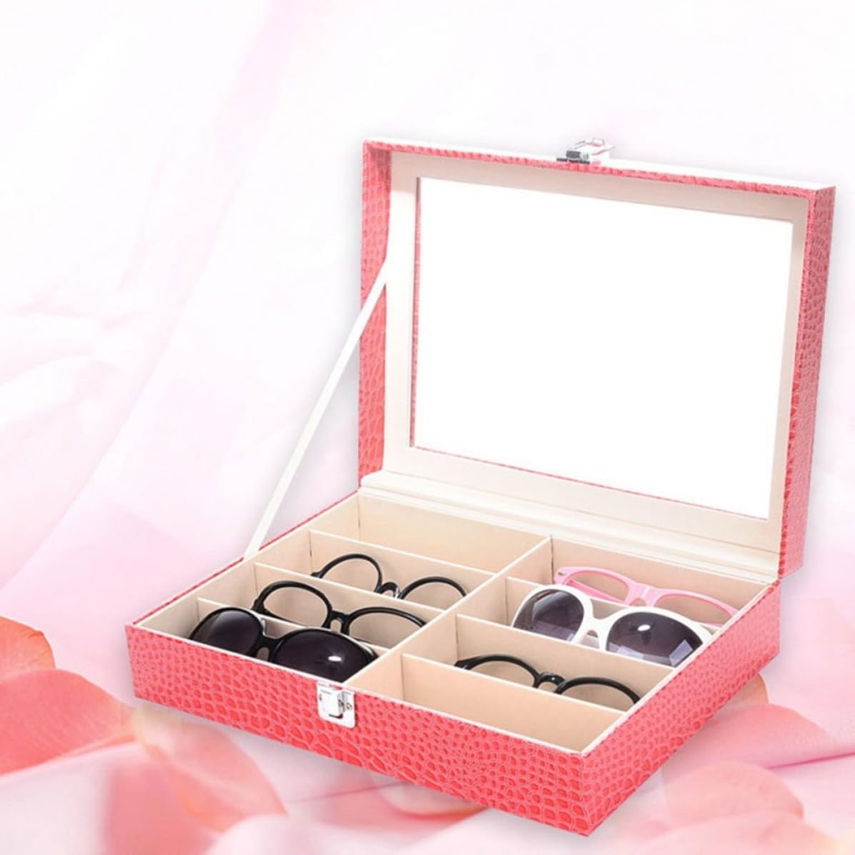 PRETYZOOM Pu Brillen Displaybox mit 8 Fächern für Sonnenbrillen, Rot