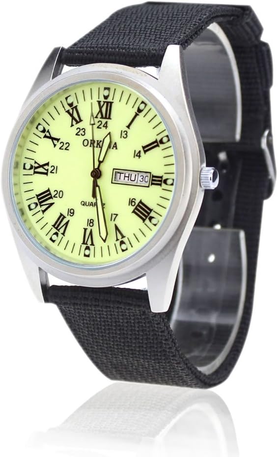 Orkina Mens Light Green Dial Quartz Date Day Nylon Canvas Band Wrist Watch P109CA-SRLG