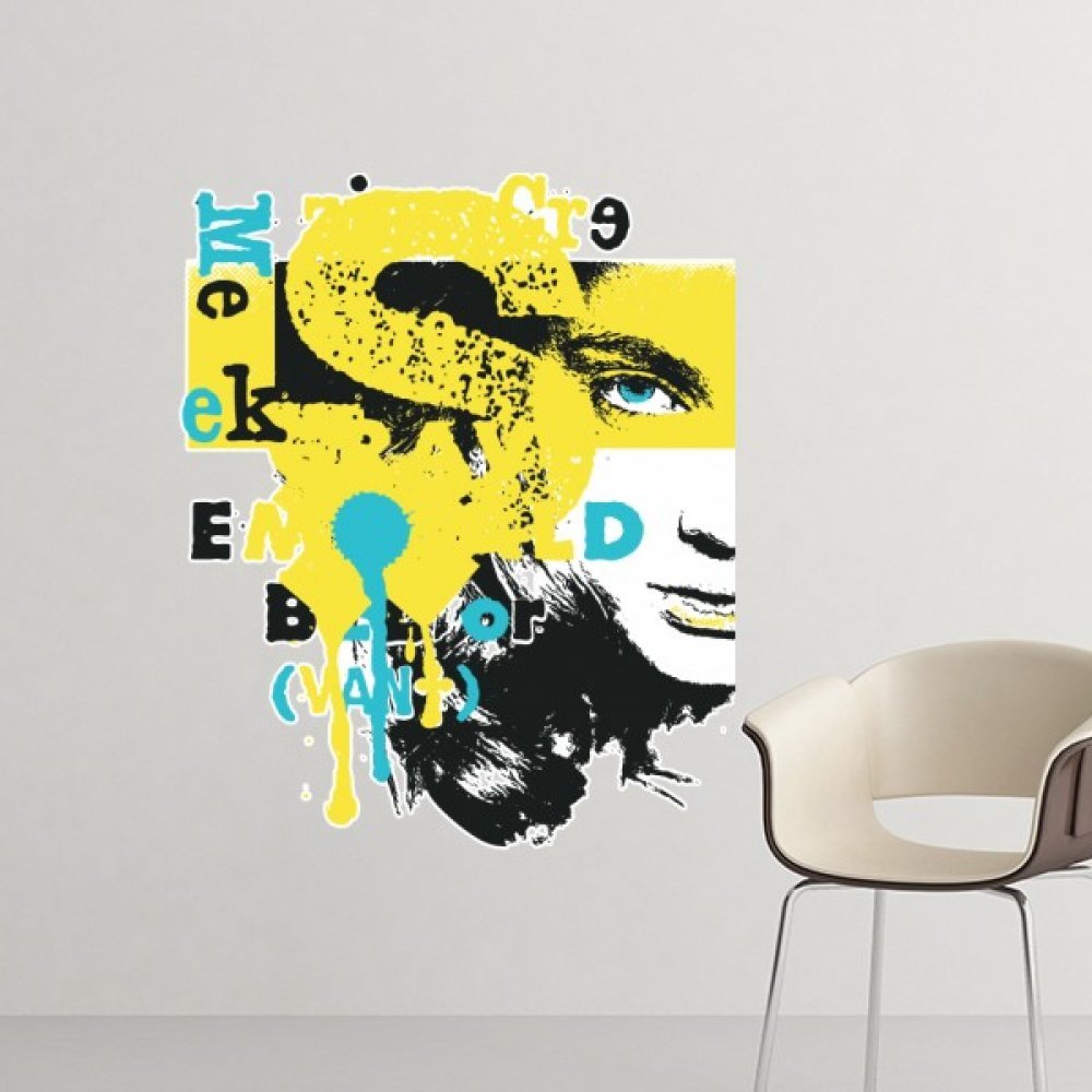 Sticker mural amovible graffiti bleu et jaune motif femme street art