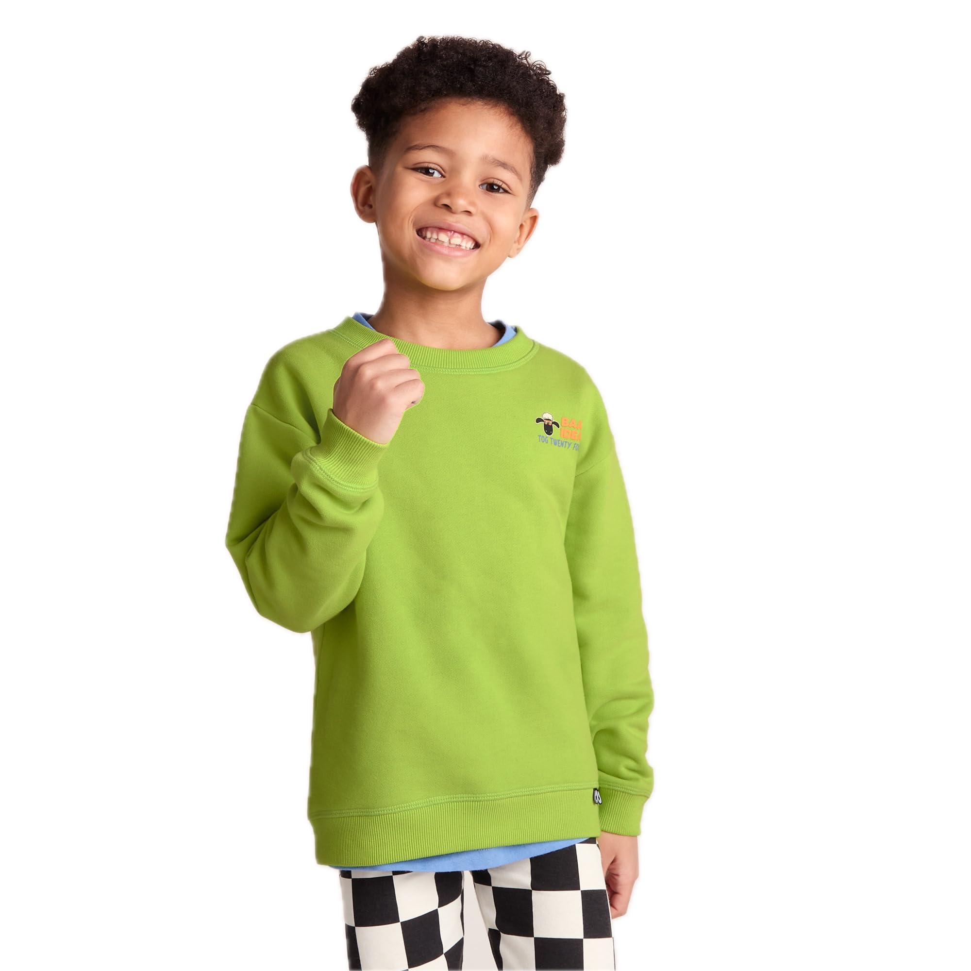Tog24 Lime Green Montadale Kids Sweatshirt, Shaun The Sheep Kids Graphic Jumper, Crew Neck Children Jumper, Ribbed Cuffs And Hem